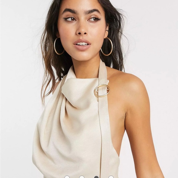 ASOS DESIGN halter drape detail midi dress with buckle in textured satin crepe - Picture 3 of 12